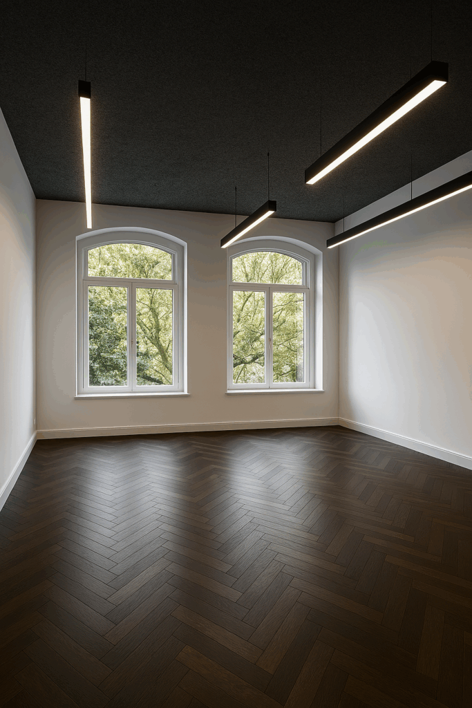 Empty room on Nieuwe Looiersstraat with dark herringbone wood flooring, arched windows, and modern ceiling lights.